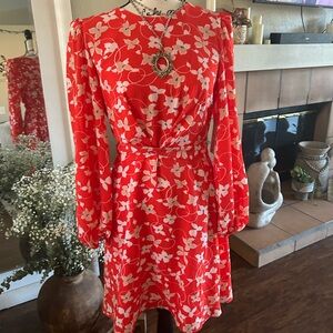 Elegant Red Floral Long Sleeve Dress